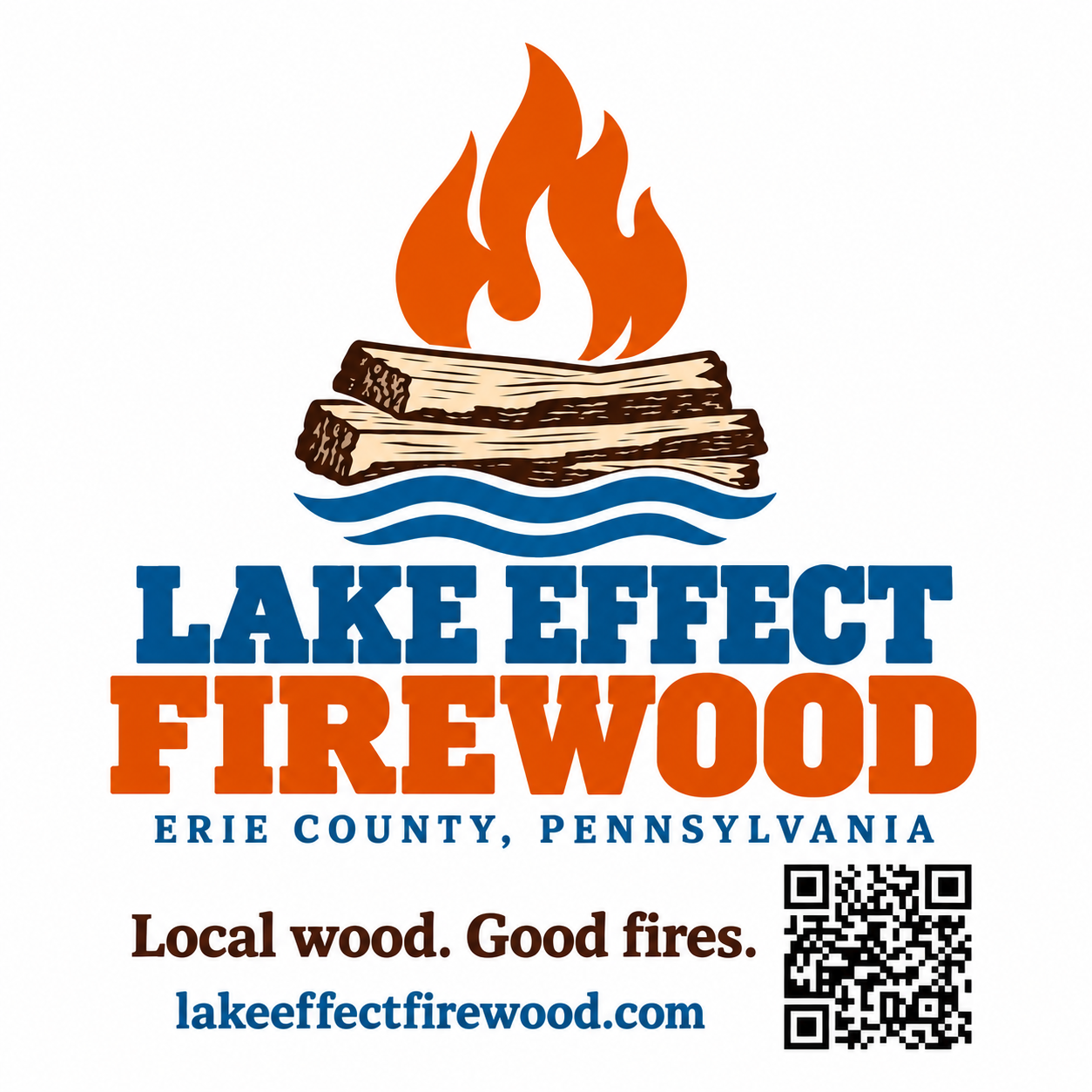 Lake Effect Firewood artwork with flame, bark-edged slab wood, and lake waves